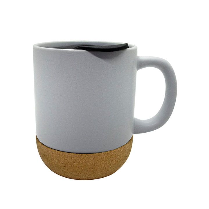 MUG CERAMICA OVALADO CON TAPA Y BASE DE CORCHO COLOR BLANCO